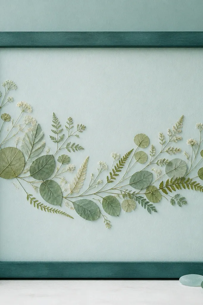 A teal frame with a pale aqua-tinted backing paper. Pressed wild greens and tiny pale flowers are arranged in a gentle wave across the mat. The overall effect resembles sea glass - muted greens with soft white highlights.