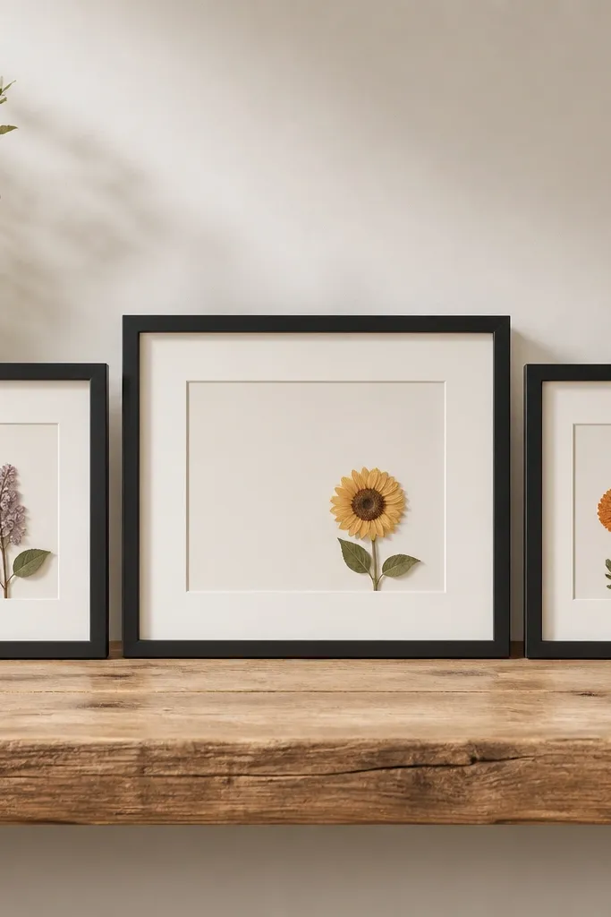 A set of three matching frames: two 8x10 vertical and one 11x14 horizontal, all matte black. Each frame has a single pressed flower focal point with the same placement relative to the mat opening. The three flowers are different seasons: spring lilac, summer small sunflower, fall marigold tones.