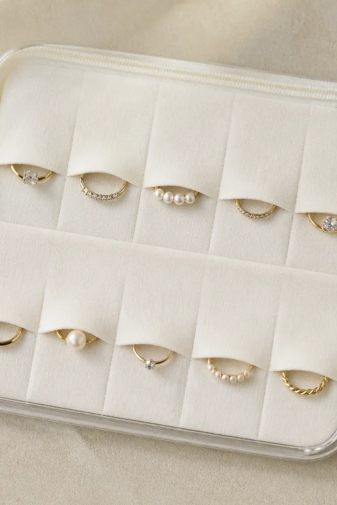 A clear PVC sleeve with rounded corners and a zipper top, backed by pearl-white felt. Inside are flat compartments separated by stitched felt dividers, with rings tucked under small flap edges.