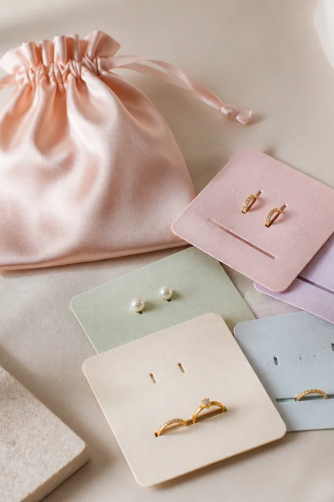 A blush satin drawstring pouch with a small internal insert card set. The insert cards are different pastel colors, each with cutouts for earrings and rings, and the pouch has a subtle sheen.