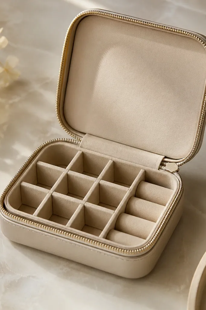 A small hard-shell case in champagne color with a zipper. The inside has a felt grid of square compartments and three ring wells made from carved foam, each covered in matching fabric.