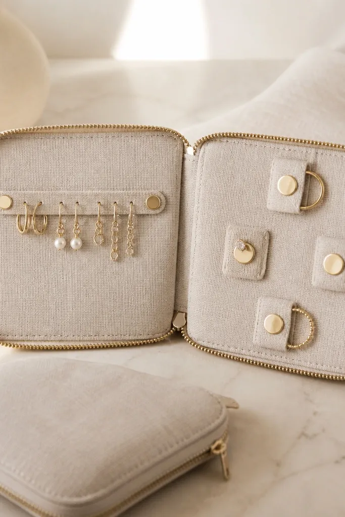 A pale linen tray folded inside a zipper pouch. One side has a removable earring bar with tiny loops, and the other side has magnetic snaps holding rings in place on small fabric pads.