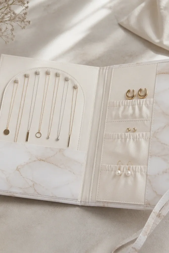 A marble-print faux leather folio with a wrap-around strap. Inside is a stitched necklace hanger shaped like a shallow arch, with a separate section for earrings in small elastic pockets.