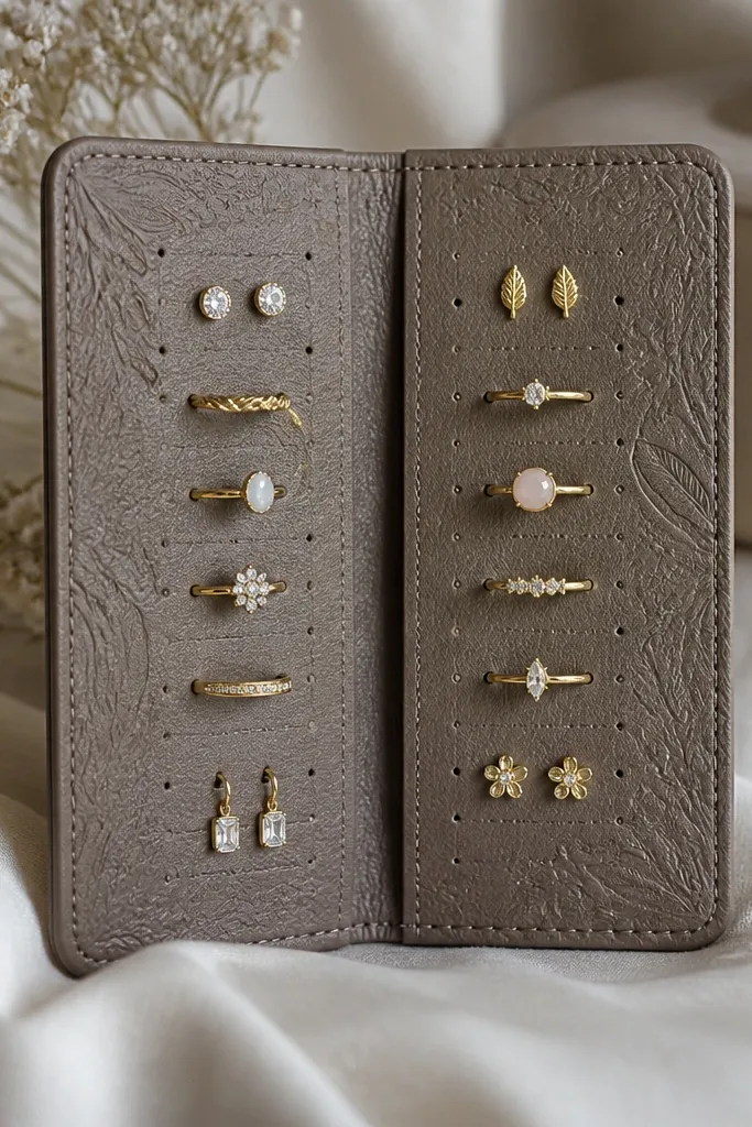 A slim embossed leather-look wallet opened flat like a greeting card. It has two vertical columns of ring slots and small punched holes where earrings rest on posts.