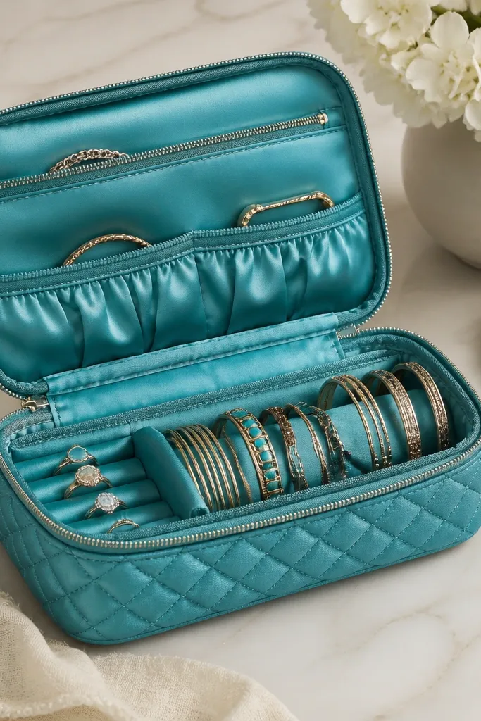 A turquoise quilted fabric jewelry organizer with a zipper flap. Inside are satin-lined zip pockets sized for bracelets, plus a long strip for bangles and a small ring section.
