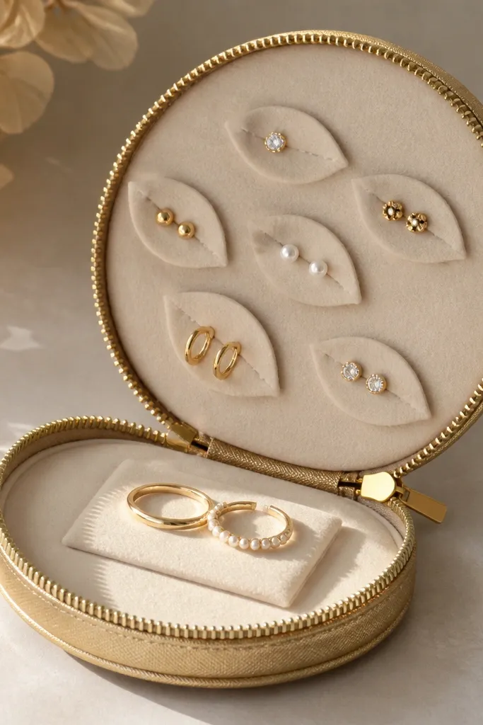 A small pouch in warm gold with a zipper. The inside has felt compartments cut into leaf shapes, each holding a single stud or small hoop, with a separate flat patch for ring pairs.