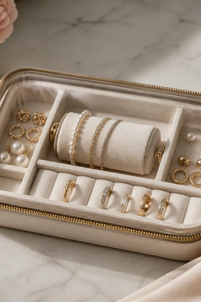 A clear-top organizer tray with a zipper edge, showing a removable small roller in the center wrapped in soft fabric. Earrings sit in side wells, and rings rest in a shallow tray.