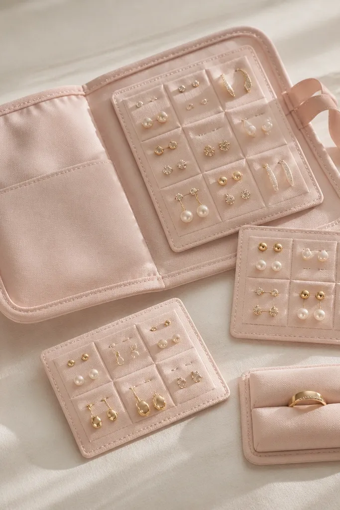 A soft blush organizer case with ribbon ties and small insert cards. Each card has a grid of tiny fabric pockets for earrings, plus a separate card for rings with two padded slots.