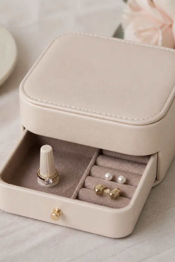 A compact travel case with a pull-out drawer. Inside the drawer is a small upright ring stand shaped like a candle, with felt around it, and next to it are horizontal slots for earrings.