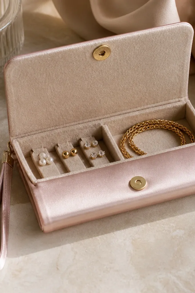 A wristlet-style organizer with satin outside and felt inside. It has a magnetic clasp at the front and two compartments: one for earrings in small loops and one for a necklace coil.
