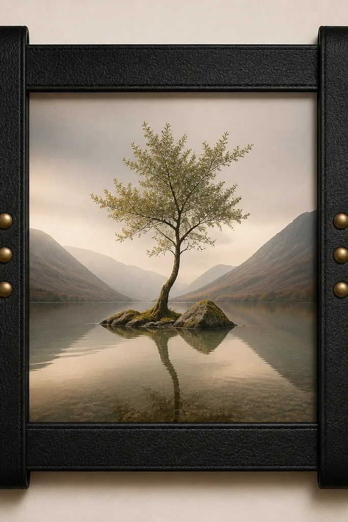 A matte black frame shaped like leather straps, with three small brass rivets on each side. The border has a subtle leather grain and a slightly raised edge.