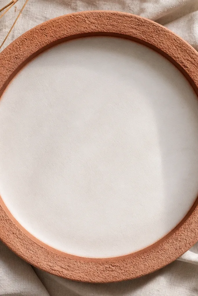 A terracotta border with a rough clay texture. The inner edge has a burnt sienna line like a kiln mark.