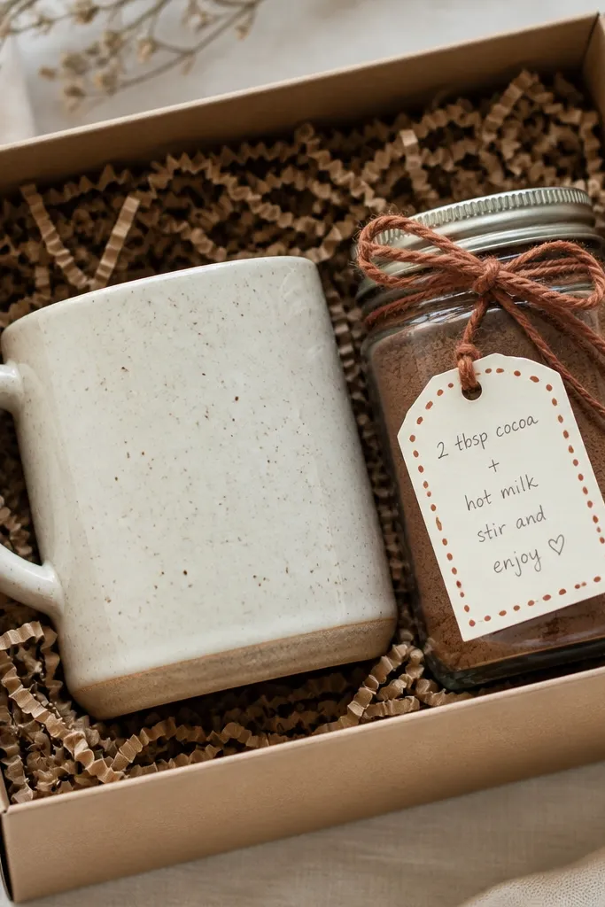 A cream-glazed handmade pottery mug with subtle speckling sits inside a kraft box. A small glass jar of cocoa powder is wrapped with terracotta twine. The gift tag is cream cardstock with a terracotta dot border and a handwritten serving note.
