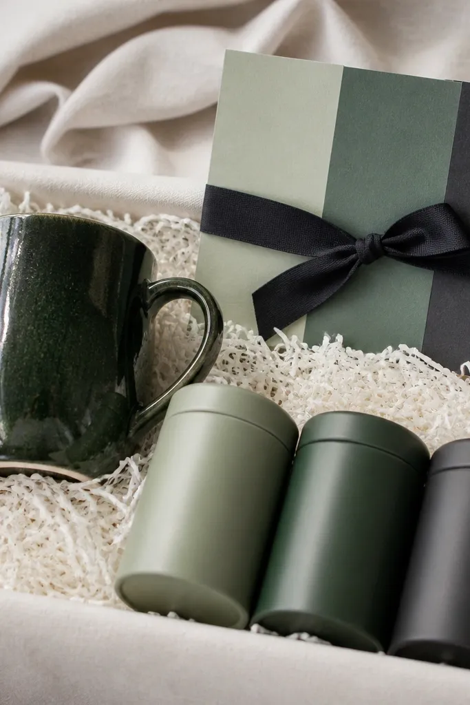 A dark green glossy handmade pottery mug sits on shredded paper. Three small tea tins are lined up: one sage, one deep green, one charcoal. A black ribbon holds a folded card that matches the tin colors.