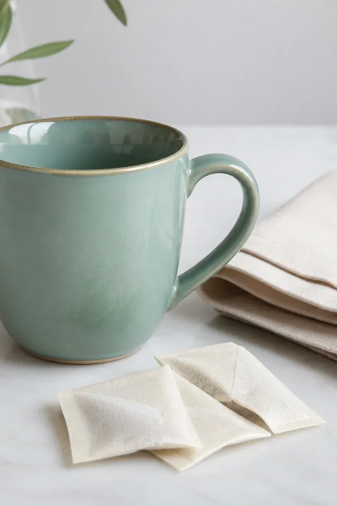 A glossy seafoam green pottery mug with a smooth handle, shown with three small folded parchment tea sachets and a folded linen napkin in off-white.