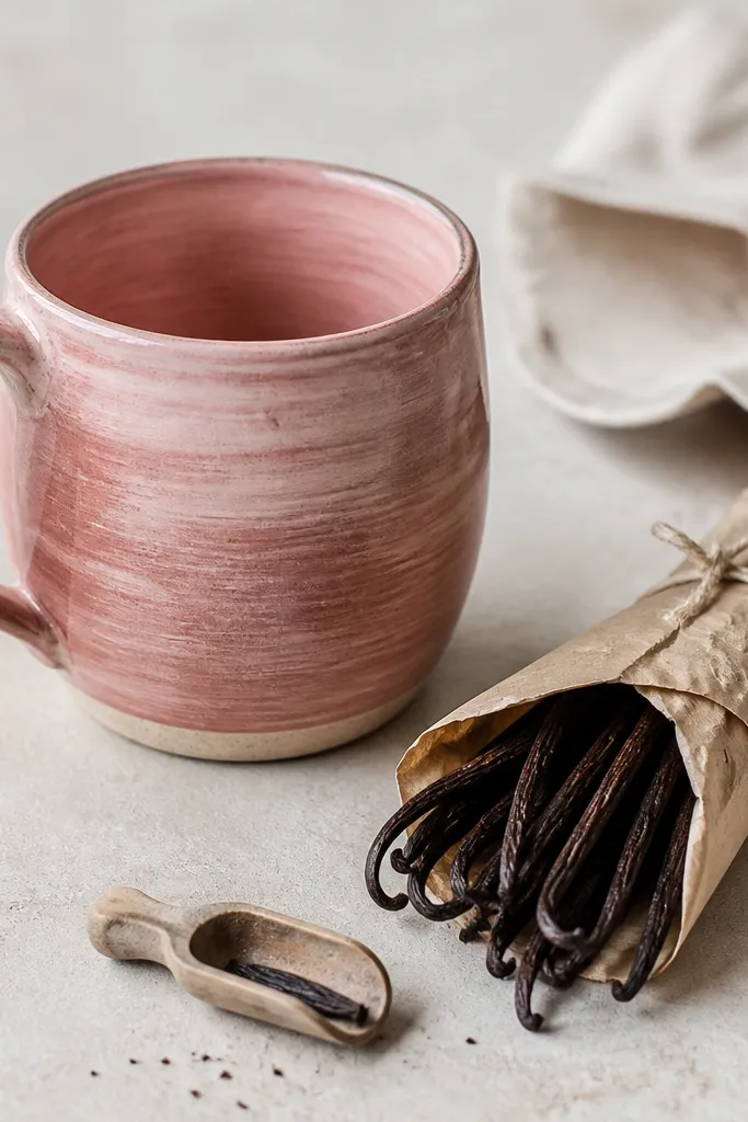 A rose-pink pottery mug with visible brush-stroke texture on the outside, next to a paper-wrapped bundle of vanilla bean pods and a small scoop.