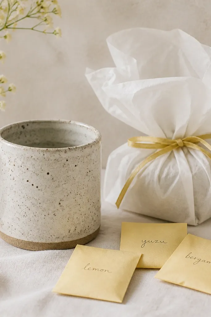 A speckled white-and-gray handmade mug with a rounded handle. Next to it are three small paper sachets in pale yellow, each labeled with a handwritten citrus flavor. The wrap is white tissue with a thin yellow ribbon.