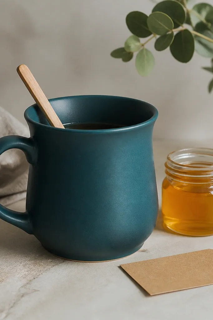 A matte deep teal ceramic mug with a slightly flared rim, shown with a wooden stir stick, a small honey jar, and a kraft label card.