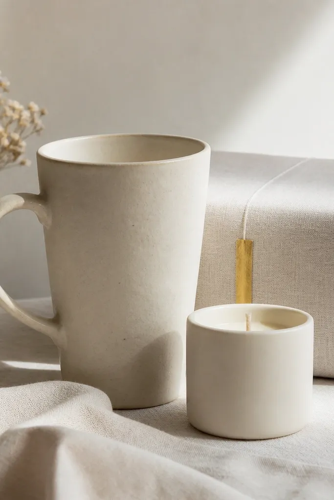 A tall cream handmade mug with a smooth rim. A small soy candle in a matte off-white jar sits beside it. The wrapping uses linen-textured paper and a narrow gold foil sticker.