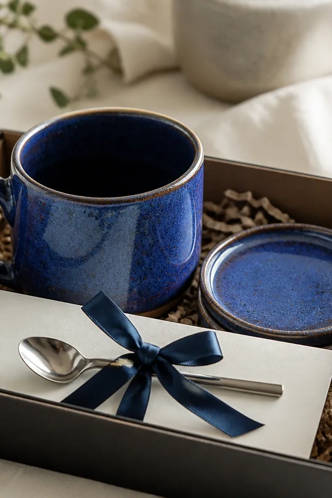 A handmade pottery mug with a cobalt-blue glaze. Two small matching ceramic coasters sit in a tray. A tiny stainless tea spoon is wrapped with a blue ribbon and tucked under a folded instruction card.