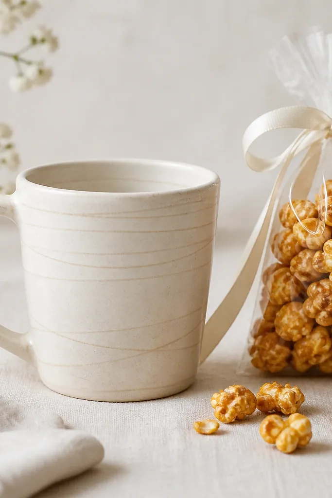 An ivory ceramic mug with thin slip-trail lines wrapping the outside, paired with a small bag of caramel popcorn topping and a cream ribbon.