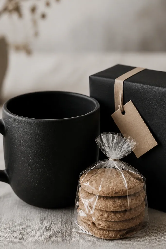 A matte black handmade pottery mug with a thick handle. A small bag of brown sugar shortbread cookies sits beside it. The box is wrapped in black paper with a single tan ribbon stripe and a minimalist tag.