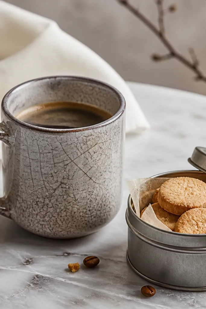 A smoky gray crackle-glazed mug with fine webbing, next to a small tin of espresso shortbread cookies.
