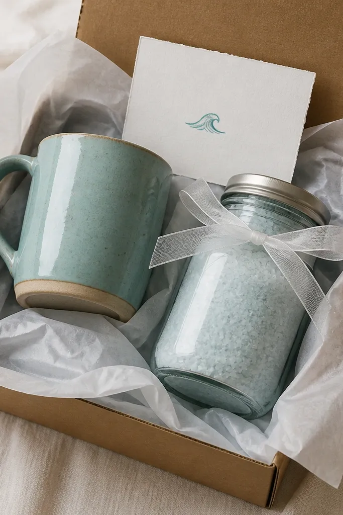 A sea-glass teal glazed mug. A jar of pale blue Epsom bath soak sits in the box, wrapped with translucent tissue and a thin white ribbon. The card is stamped with a tiny wave icon in teal ink.