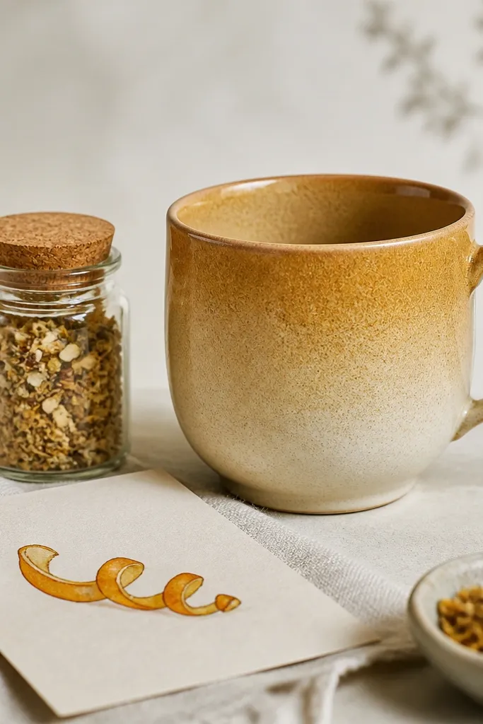 A mug with a warm ochre glaze gradient, shown with a small jar of ginger tea blend and a card with a hand-drawn orange peel icon.