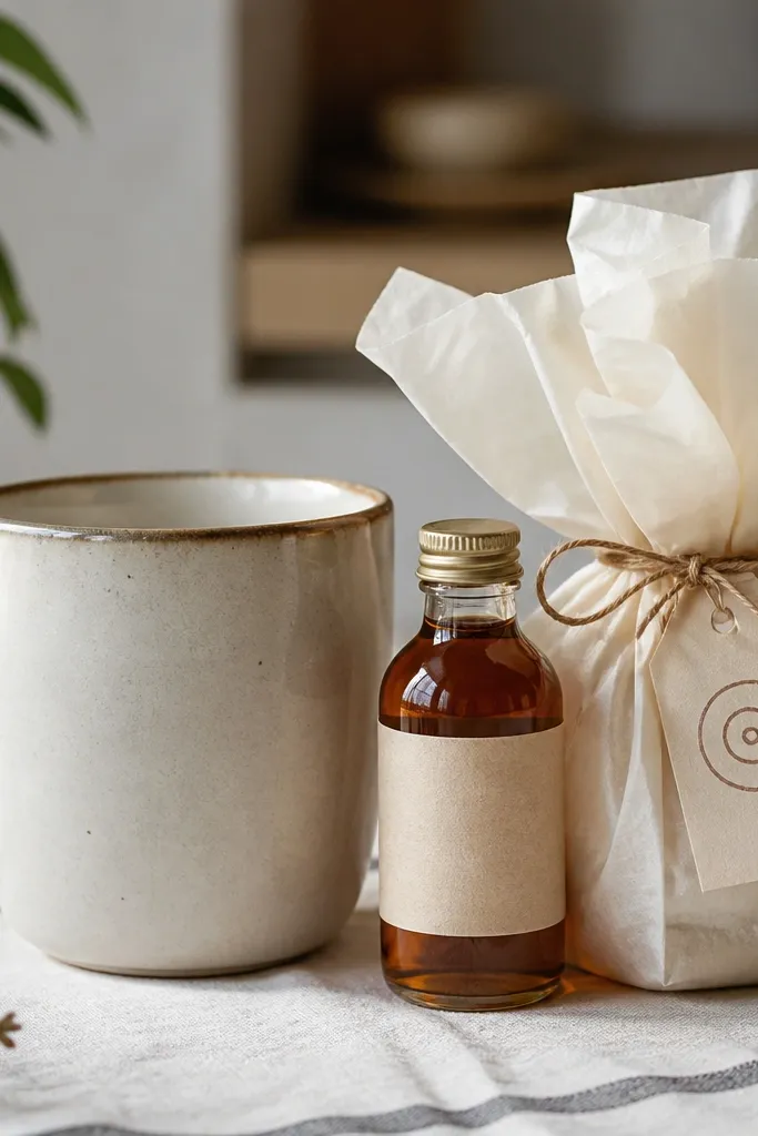 A cream ceramic mug with a glossy rim. A small amber syrup bottle with a paper label sits next to it. The wrap is warm white tissue with cinnamon-brown twine, and the tag has a simple swirl doodle.