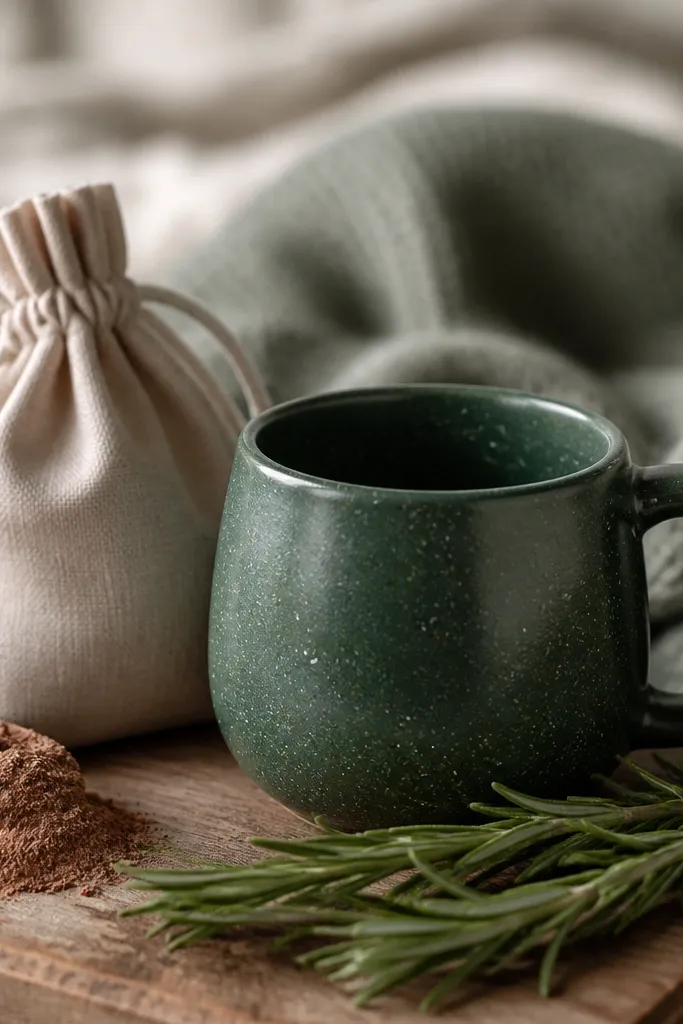A forest green speckled mug with a slight satin sheen, paired with a small pouch of cocoa mix and dried rosemary sprigs.