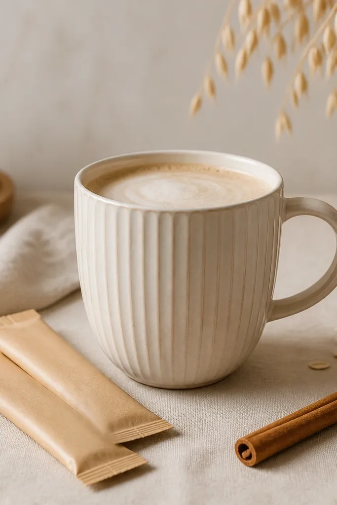 A cream mug with carved vertical lines, shown with oat-colored latte sachets and a wooden cinnamon stick.