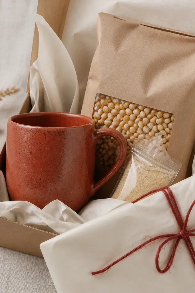 A red clay colored handmade pottery mug with visible specks. A popcorn kit bag sits in the box with a small packet of garlic seasoning. The wrapping is muted cream paper with a red twine bow.