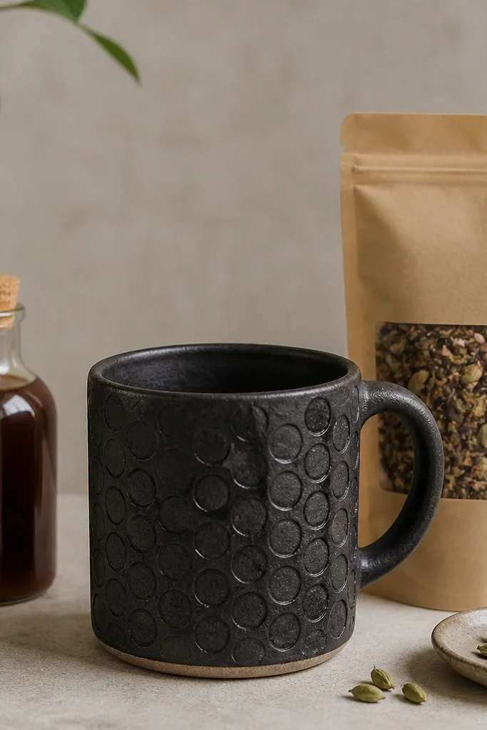 A black pottery mug with repeated stamped circles on the outside, paired with a small bottle of date syrup and a cardamom tea mix bag.