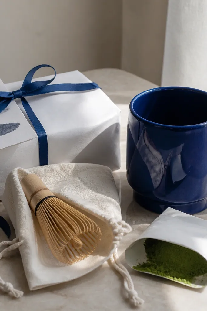 A cobalt-blue glossy mug with a thick base. A small bag of ceremonial matcha sits with a bamboo whisk in a simple pouch. The wrapping is white paper with blue ribbon and a small instruction card.