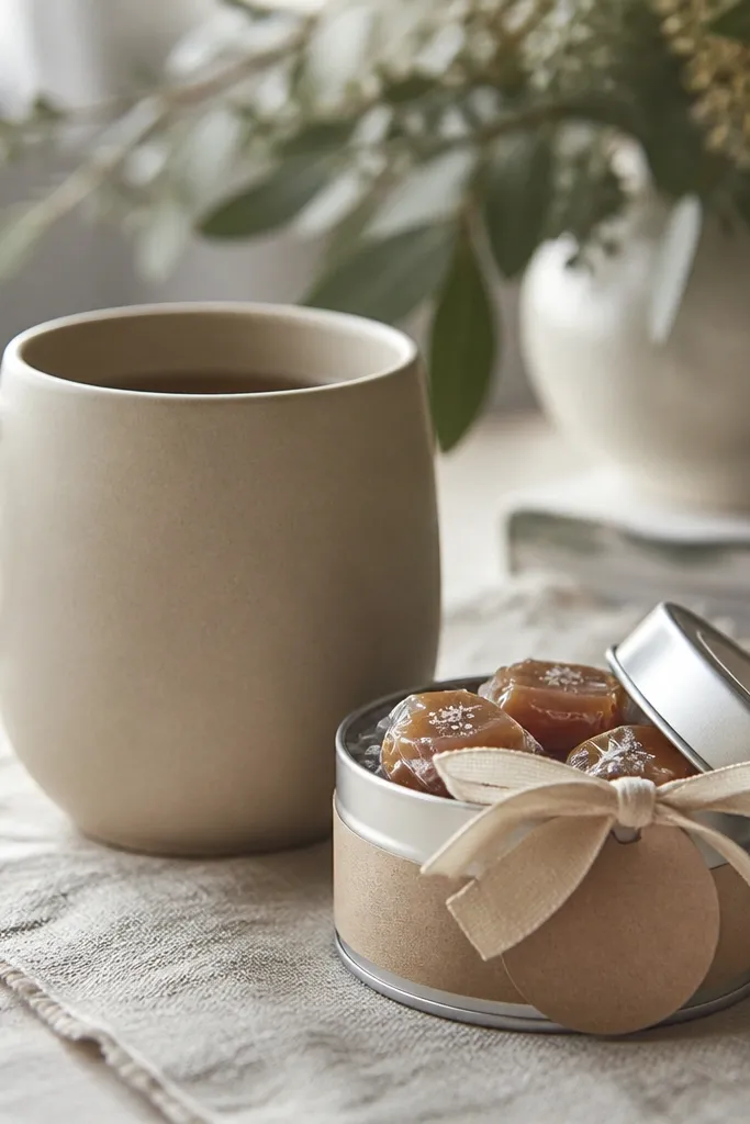 An oatmeal-colored matte mug. A small tin of vanilla sea salt caramels sits beside it. The tin has a simple label, and the box wrap is kraft with a beige ribbon and a stamped circle tag.