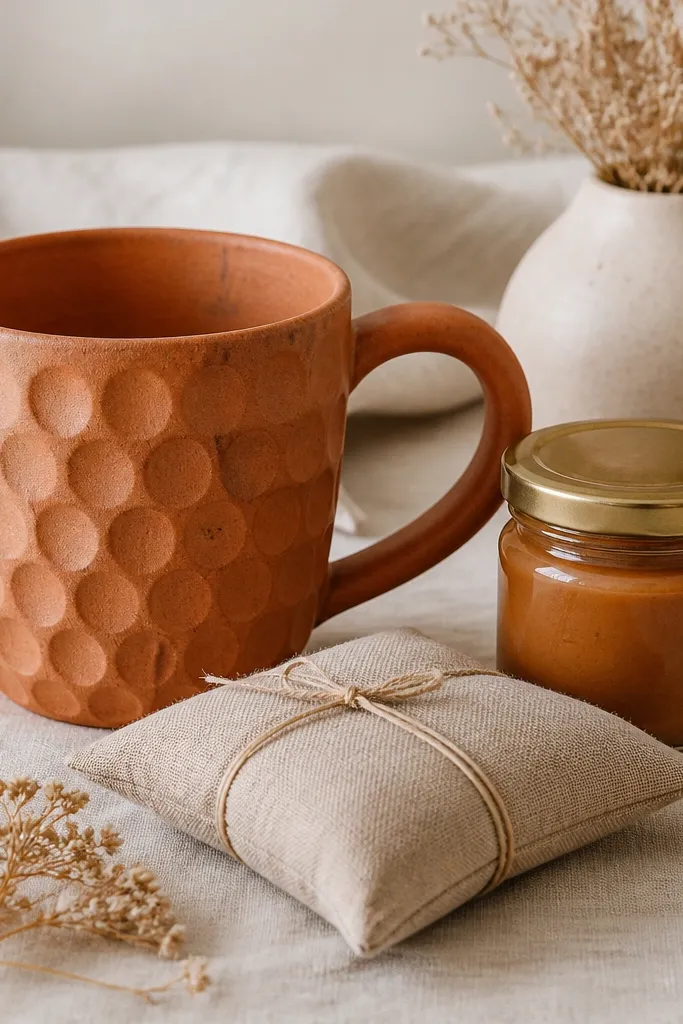A terracotta mug with raised thumbprint dimples, shown with a small jar labeled sea salt caramel and a linen sachet.
