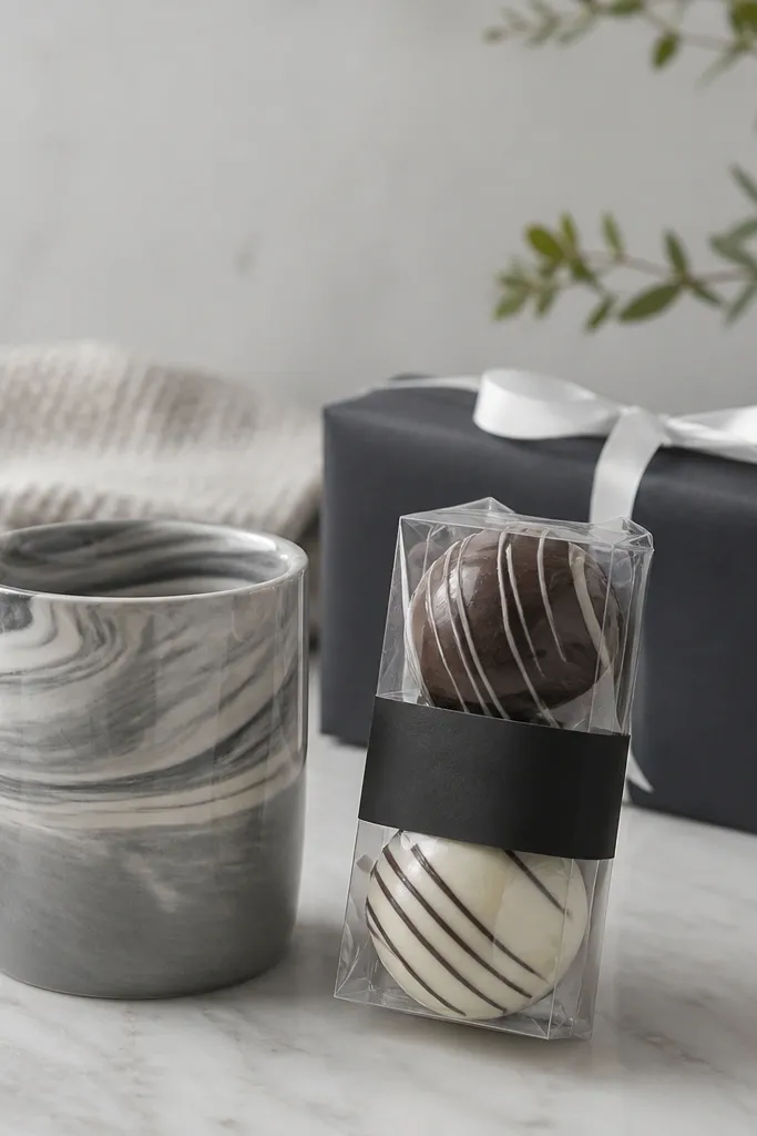 A gray marble-pattern glazed mug with white swirls. Two cocoa bombs are placed in a clear cellophane sleeve with a matte label. The box wrap is charcoal paper with white ribbon.
