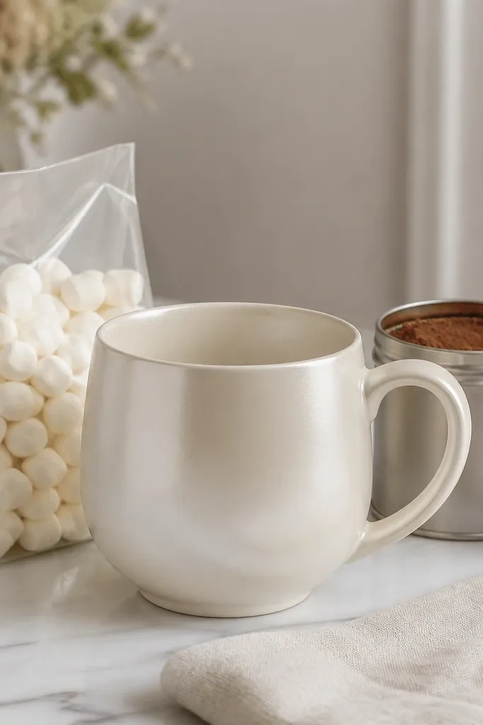 A pearl white mug with a satin sheen, shown with a bag of mini marshmallows and a small tin of cocoa powder.