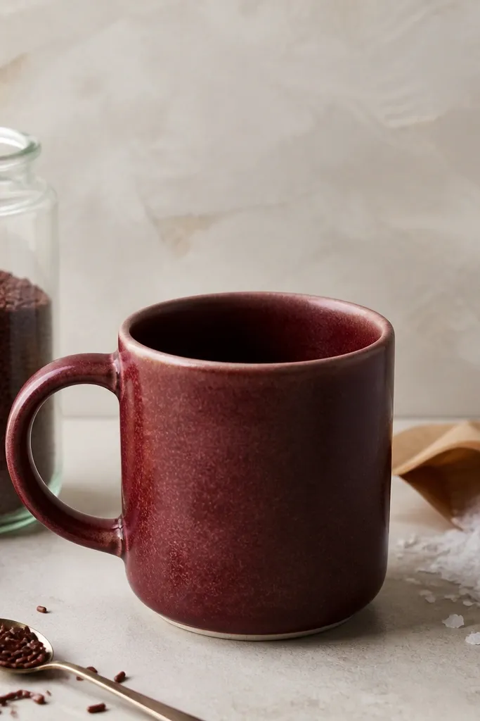 A burgundy mug with a slightly textured, velvet-like glaze, paired with a jar of chocolate sprinkles and a small packet of flaky salt.