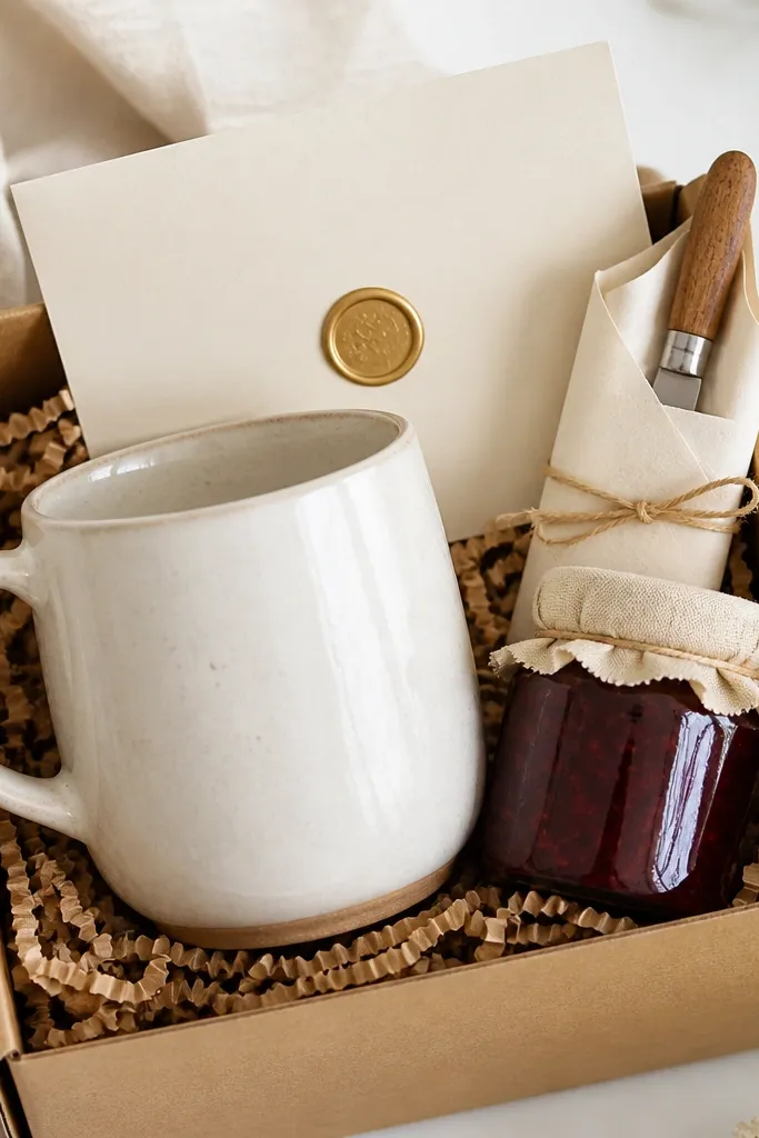 An ivory glazed mug next to a small glass jar of jam. A tiny cheese knife with a wooden handle is wrapped in paper and tucked into the box. The card is ivory cardstock with a small gold wax seal sticker.
