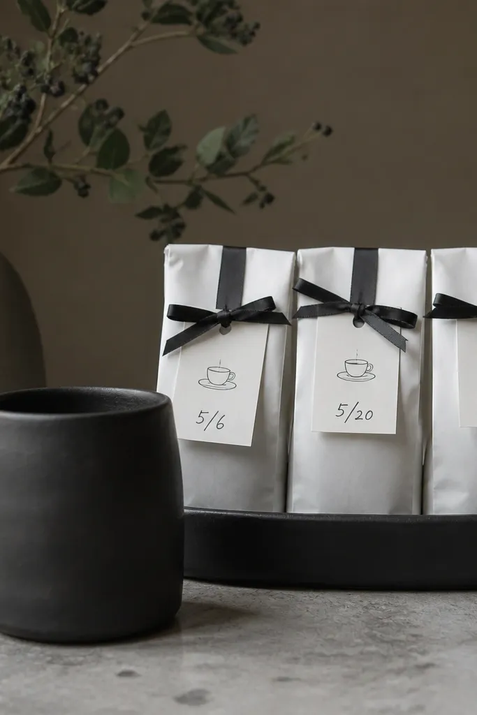 A black matte handmade mug with a thick handle. Three small paper coffee bags with handwritten roast dates sit in a tray. The wrapping is white paper with black ribbon and a simple espresso cup drawing on the tag.