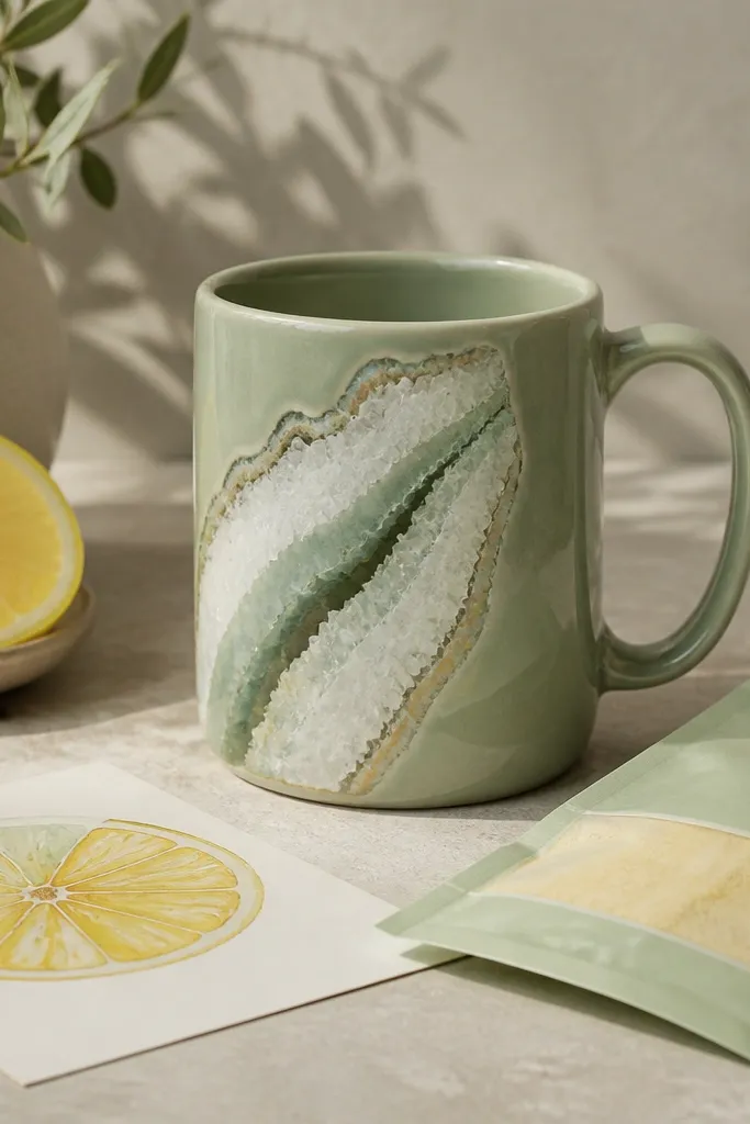 A sage green mug with a geode-like inlay pattern on the outside, shown with a packet of citrus mocktail mix and a lemon slice illustration card.