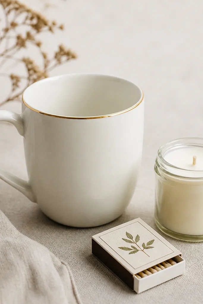 A mug with a thin gold-painted rim line (ceramic-safe), shown with a small jar candle labeled tea leaves, and a mini matchbox-style card.