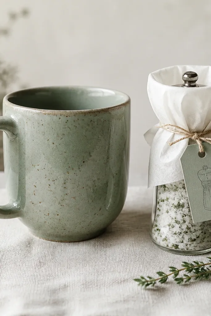 A sage green glazed mug with a speckled finish. A small grinder-style jar of herb salt sits beside it, wrapped in white cloth-like paper. The tag is sage cardstock with a line drawing of a salt shaker.