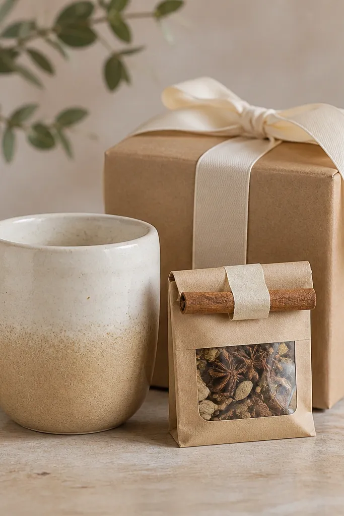 An ombre handmade pottery mug fading from cream at the top to warm beige at the base. A small paper pouch of hot toddy spice blend sits beside it, and a cinnamon stick is taped to the top of the pouch. The box wrap is tan with cream ribbon.