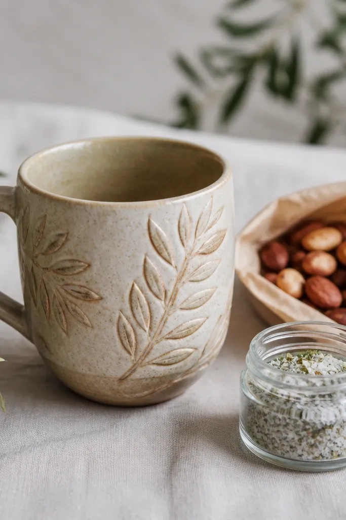 A mug with carved leaf motifs on the outside, shown with a small jar of herb salt and a packet of roasted nuts.