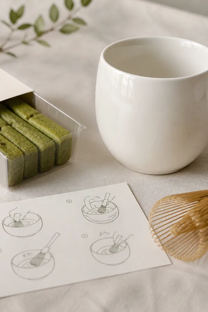 A pearl white glossy mug. A small box of matcha shortbread sits beside it. A separate card shows a simple step-by-step sketch for whisking matcha, with a small bamboo whisk photo.