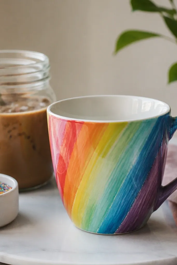 A mug with rainbow brush strokes on the outside and a glossy glaze, shown with a jar of iced coffee mix and a small container of colored sugar sprinkles.