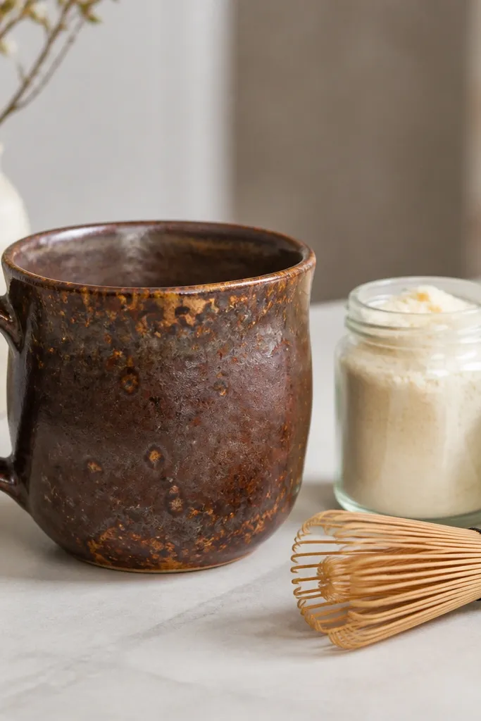 A shino-style ceramic mug in chocolate brown with orange-brown pooling at edges, paired with a small jar of vanilla creamer powder and a mini whisk.